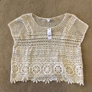Beige crochet short sleeve tee from Garage.